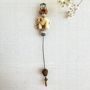 Carved Bone Elephant Hat Pin Amber Rhinestone Accent